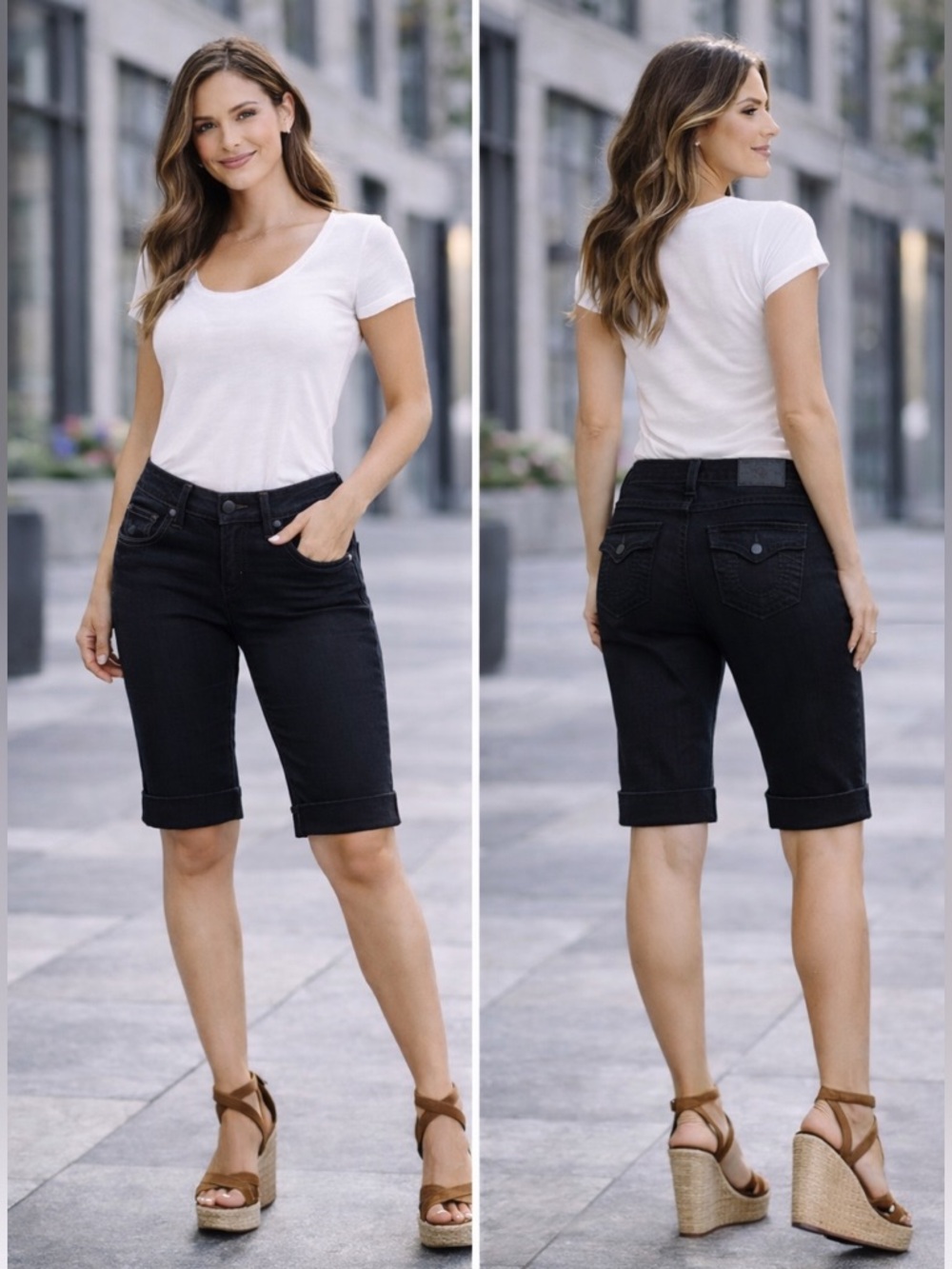 True Religion Sophie Black Denim Shorts Size 28 Low Rise Cuffed Flap Pocket